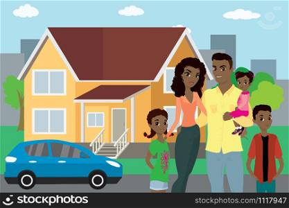 Happy african american family,big house and modern car in the background,flat vector illustration. Happy african american family, house and car in the background,