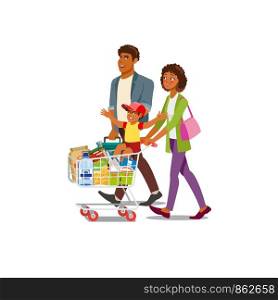 Happy African-American Family Cartoon Vector Characters Walking with Supermarket Shopping Cart Full of Food Products Isolated on White Background. Parents with Son Buying Groceries, Making Purchases