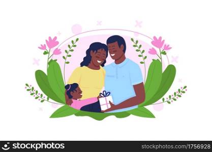 Happy african american family celebrate mother&rsquo;s day flat concept vector illustration. Parents with daughter 2D cartoon characters for web design. Motherhood, parenthood creative idea. Happy african american family celebrate mother&rsquo;s day flat concept vector illustration