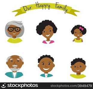Happy African American family faces portraits of six members: parents,their son and daughter, and grandparents. Vector illustration