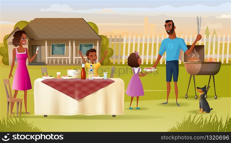Happy African-American Family Grill Party in Countryside Cartoon Vector. Father with Daughter Cooking Meat on Barbeque Grill, Son Sitting at Dinner Table, Mother Taking Mobile Photos Illustration