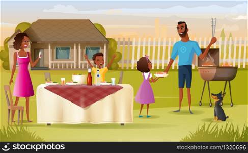 Happy African-American Family Grill Party in Countryside Cartoon Vector. Father with Daughter Cooking Meat on Barbeque Grill, Son Sitting at Dinner Table, Mother Taking Mobile Photos Illustration