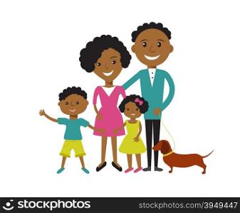 Happy African American family of 4 members: parents,their son and daughter with their dog. Vector illustration