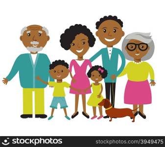 Happy African American family of six members: parents,their son and daughter, and grandparents with their dog. Vector illustration