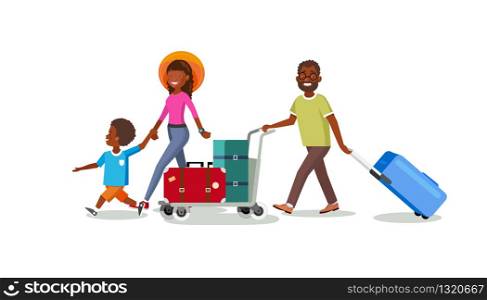 Happy African-American Family Summer Vacation Travel Cartoon Vector Concept. Father Pushing Baggage Cart, Mother Walking with Son Illustration Isolated on White Background. Tourists Carrying Luggage