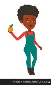 Happy african-american farmer holding an orange. Smiling farmer collecting oranges. Farmer standing with an orange in hand. Vector flat design illustration isolated on white background.. Farmer collecting oranges vector illustration.