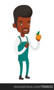 Happy african-american farmer holding an orange. Smiling farmer collecting oranges. Farmer standing with an orange in hand. Vector flat design illustration isolated on white background.. Farmer collecting oranges vector illustration.