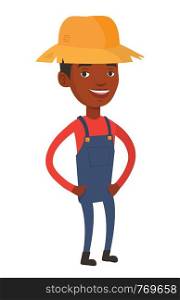 Happy african-american farmer in summer hat. Farmer standing with hands in pockets. Illustration of full lenght of young satisfied farmer. Vector flat design illustration isolated on white background.. Happy farmer in summer hat vector illustration.