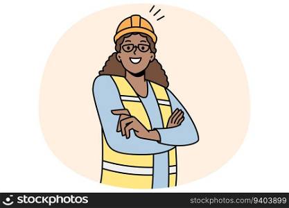 Happy African American female worker in uniform posing outdoors. Smiling biracial woman employee in helmet. Engineer occupation. Vector illustration.. African American woman industry worker in uniform
