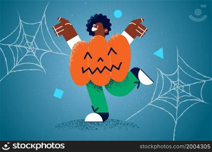 Happy African American in pumpkin costume celebrate Halloween party. Smiling ethnic kid have fun enjoy All Saints Eve celebration, spider web around. Scary autumn holiday. Vector illustration. . Happy ethnic kid in pumpkin costume celebrate Halloween