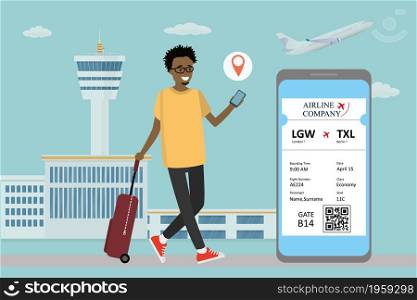 Happy african american male with suitcase and smartphone,mobile online check-in, airport and take off airplane on background,flat vector illustration