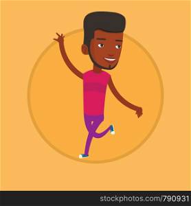 Happy african-american man dancing. Cheerful male dancer with arm raised in motion. Smiling man during dance workout. Vector flat design illustration in the circle isolated on background.. Cheerful african-american woman dancer dancing.