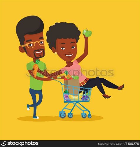 Happy african-american man pushing a shopping trolley with her friend. Couple of young carefree friends having fun while riding by shopping trolley. Vector flat design illustration. Square layout.. Couple of friends riding by shopping trolley.
