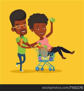 Happy african-american man pushing a shopping trolley with her friend. Couple of young carefree friends having fun while riding by shopping trolley. Vector flat design illustration. Square layout.. Couple of friends riding by shopping trolley.