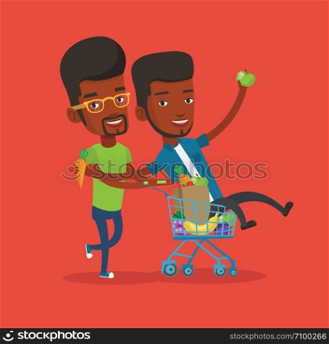 Happy african-american man pushing a shopping trolley with his friend. Two young carefree friends having fun while riding by shopping trolley. Vector flat design illustration. Square layout.. Two young friends riding by shopping trolley.