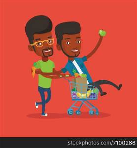 Happy african-american man pushing a shopping trolley with his friend. Two young carefree friends having fun while riding by shopping trolley. Vector flat design illustration. Square layout.. Two young friends riding by shopping trolley.
