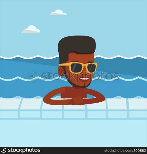 Happy african-american man relaxing in swimming pool at resort. Young man bathing in swimming pool. Man swimming and relaxing in pool on summer vacation. Vector flat design illustration. Square layout. Smiling young man in swimming pool.