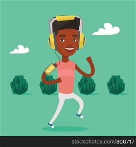 Happy african-american man running with earphones and armband for smartphone. Young man using armband for smartphone to listen to music during scamper. Vector flat design illustration. Square layout.. Man running with earphones and smartphone.