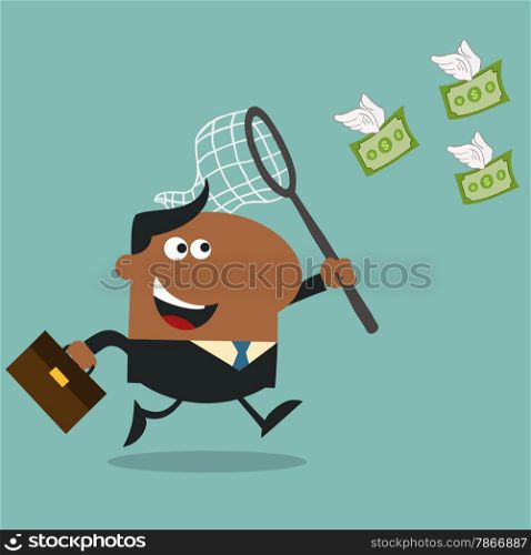 Happy African American Manager Chasing Flying Money With A Net.Flat Style