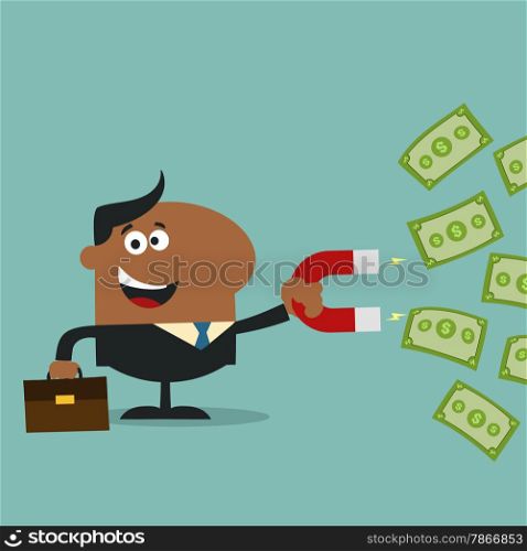 Happy African American Manager Using A Magnet To Attracts Money.Flat Design Style