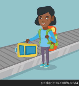 Happy african-american passenger picking up suitcase from luggage conveyor belt at the airport. Young cheerful passenger taking luggage from conveyor belt. Vector cartoon illustration. Square layout.. Woman picking up suitcase from conveyor belt.