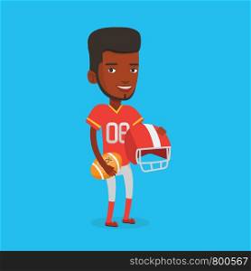 Happy african-american rugby player holding ball and helmet in hands. Full length of young smiling male rugby player in uniform. Vector flat design illustration. Square layout.. Rugby player vector illustration.