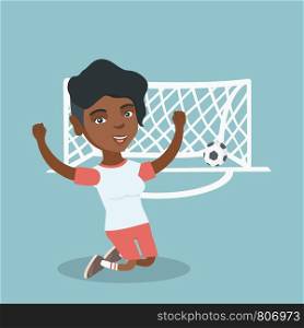 Happy african-american soccer player celebrating a goal. Young football player kneeling with raised arms on the background of football gate with ball in it. Vector cartoon illustration. Square layout.. Young african soccer player celebrating a goal.