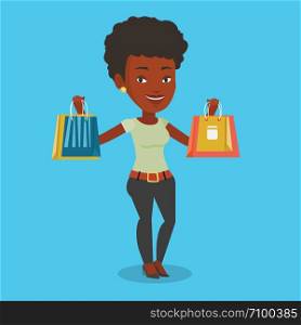 Happy african-american woman carrying shopping bags. Woman holding shopping bags. Girl standing with a lot of shopping bags. Girl showing her purchases. Vector flat design illustration. Square layout. Happy woman holding shopping bags.