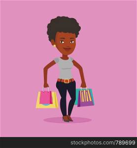 Happy african-american woman carrying shopping bags. Young smiling woman holding shopping bags. Woman standing with a lot of shopping bags. Vector flat design illustration. Square layout.. Happy woman with shopping bags vector illustration