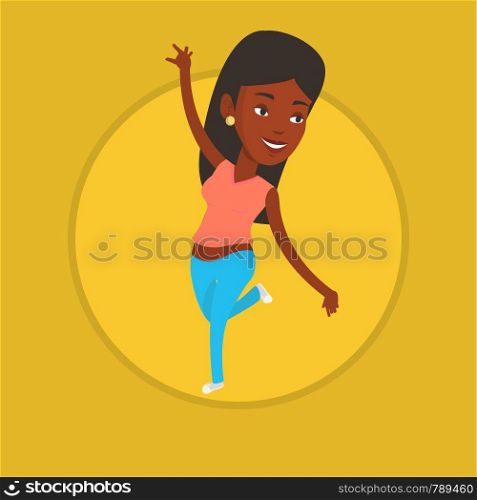 Happy african-american woman dancing. Cheerful female dancer with arm raised in motion. Smiling woman during dance workout. Vector flat design illustration in the circle isolated on background.. Cheerful african-american woman dancer dancing.
