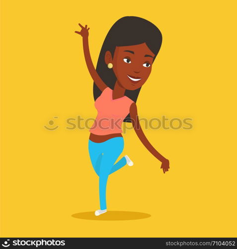 Happy african-american woman dancing. Cheerful woman dancer with arm raised in motion. Smiling woman during dance workout. Young girl doing dance moves. Vector flat design illustration. Square layout. Cheerful caucasian woman dancer dancing.