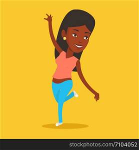 Happy african-american woman dancing. Cheerful woman dancer with arm raised in motion. Smiling woman during dance workout. Young girl doing dance moves. Vector flat design illustration. Square layout. Cheerful caucasian woman dancer dancing.