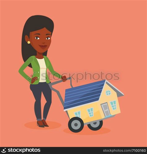 Happy african-american woman pushing a shopping trolley with a house. Young woman buying house. Woman using shopping trolley to transport a house. Vector flat design illustration. Square layout.. Young woman buying house vector illustration.