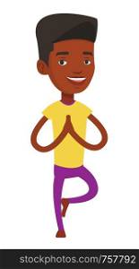 Happy african-american young sportsman standing in yoga tree pose. Sportsman meditating in yoga tree position. Sporty man doing yoga. Vector flat design illustration isolated on white background.. Man practicing yoga tree pose vector illustration.