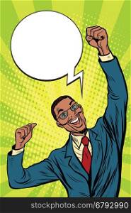 happy African businessman winner emotions, pop art retro comic book vector illustration