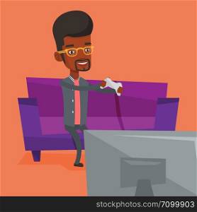Happy african gamer sitting on a sofa and playing video game on the television. An excited young man with console in hands playing video game at home. Vector flat design illustration. Square layout.. Man playing video game vector illustration.