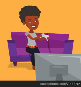 Happy african gamer sitting on a sofa and playing video game on the television. An excited young woman with console in hands playing video game at home. Vector flat design illustration. Square layout.. Woman playing video game vector illustration.