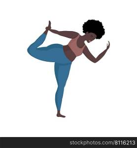 Happy african of oversized woman in yoga position. Sport and body health positive concept. Love body. Attractive woman of large sizes an active healthy lifestyle