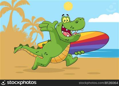 Happy Alligator Or Crocodile Cartoon Character Running With A Surfboard. Vector Hand Drawn Illustration With Palms And Beach Background