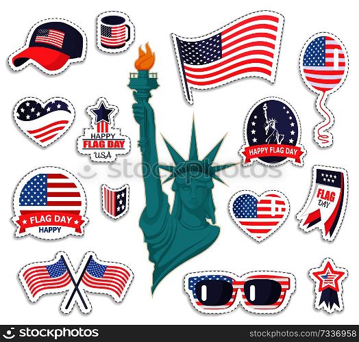 Happy American flag day stickers set. America symbolic emblems balloons caps and mugs. National fest Independence memorial establishments labels vector. Happy American Flag Day Bright Stickers Collection