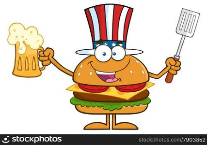 Happy American Hamburger Cartoon Character Holding A Beer And Bbq Slotted Spatula