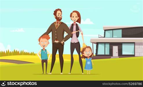 Happy Amicable Family Design Concept . Happy amicable family design concept with young parents and little boy and girl standing on lawn at countryside background flat vector illustration