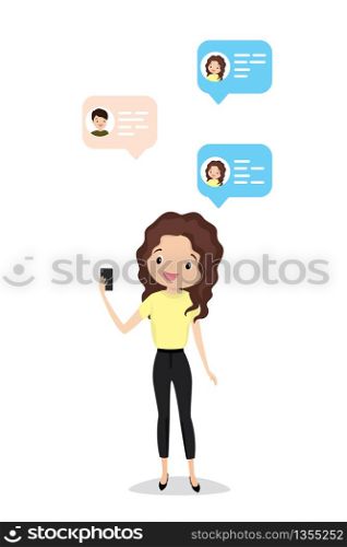 Happy and beauty Girl chatting on the phone,speech bubble with boyfriend,flat character,isolated on white background,vector illustration