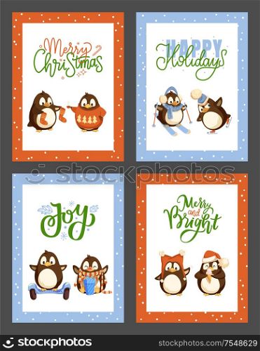 Happy and bright winter holiday Christmas poster set vector. Eating ice cream, socks and knitted sweaters with pine tree evergreen print, skiing skating. Happy and Bright Winter Holiday Christmas Poster