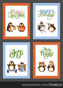 Happy and bright winter holiday Christmas poster set vector. Eating ice cream, socks and knitted sweaters with pine tree evergreen print, skiing skating. Happy and Bright Winter Holiday Christmas Poster