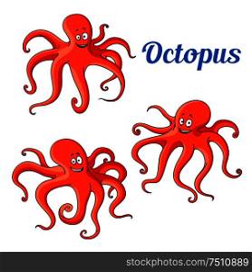 Happy and funny cartoon red octopuses with wavy tentacles. Funny sea animal characters for mascot or t-shirt print design usage. Funny and joyful cartoon red octopuses