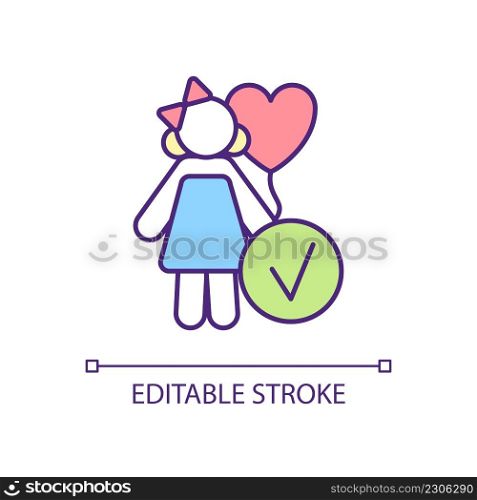 Happy and healthy female child RGB color icon. Childhood protection. Improving kid wellbeing and wellness. Isolated vector illustration. Simple filled line drawing. Editable stroke. Arial font used. Happy and healthy female child RGB color icon