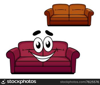 Happy and joyful cartoon of maroon upholstered couch of sofa with big smiley face and second brown upholstered couch without face isolated on white background. Happy cartoon upholstered couch