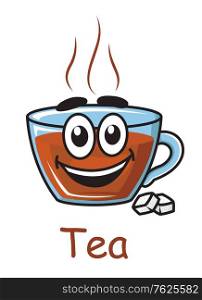 "Happy and joyful funny cartoon of brown hot tea with blue cup container and two sugar cubes text "Tea" written below the tea cup. Cartoon of a tea cup"