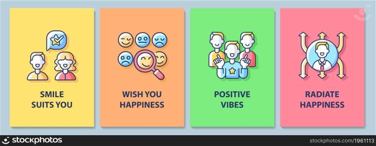 Happy and positive messages greeting card with color icon element set. Postcard vector design. Decorative flyer with creative illustration. Notecard with congratulatory message pack. Happy and positive messages greeting card with color icon element set